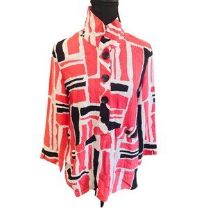 Ali Miles Abstract Button Front Tunic Top S Red/Black/White Travel Casual Artsy